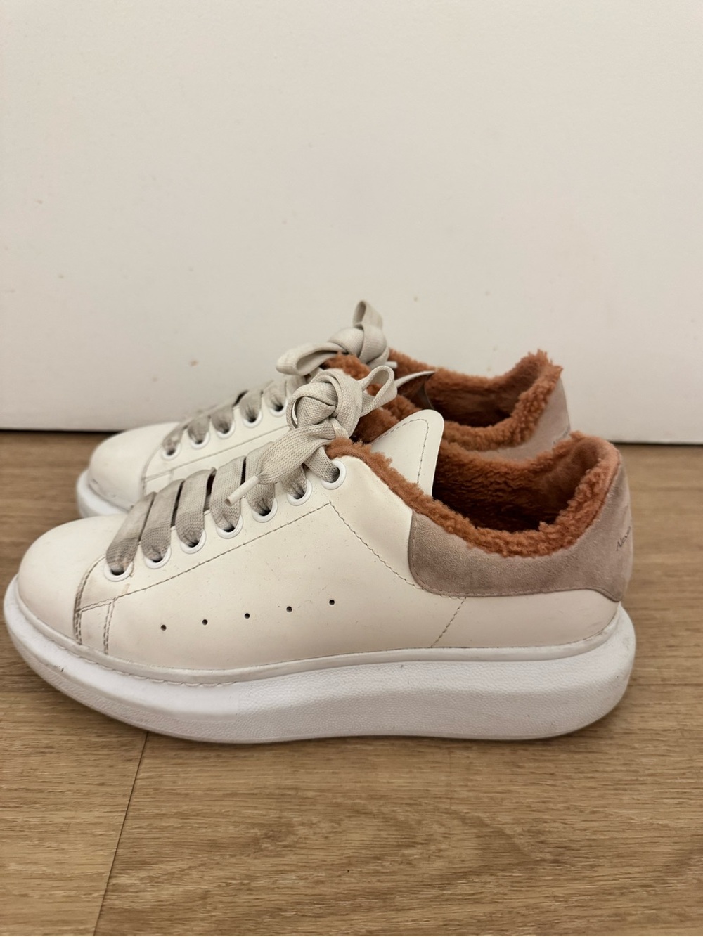 Alexander McQueen Sneakers with Tan Suede Heel & Rust Sherpa Lining